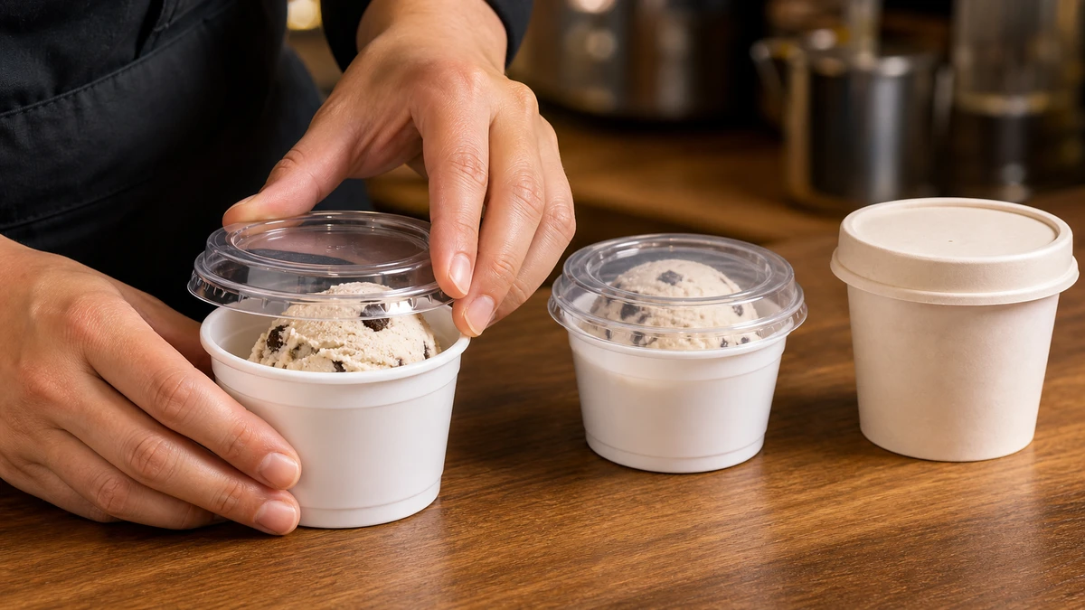 Hand pressing a snap-fit lid onto a filled PP ice cream cup at a café takeaway counter.