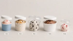 Five ice cream cups with lids in sizes from 4 oz to 16 oz showing paper and plastic materials.