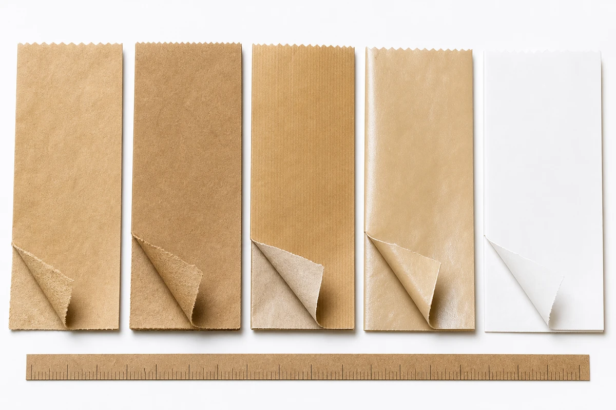 Five kraft and white paper bag material samples labelled by GSM grade and coating type on a white comparison board.