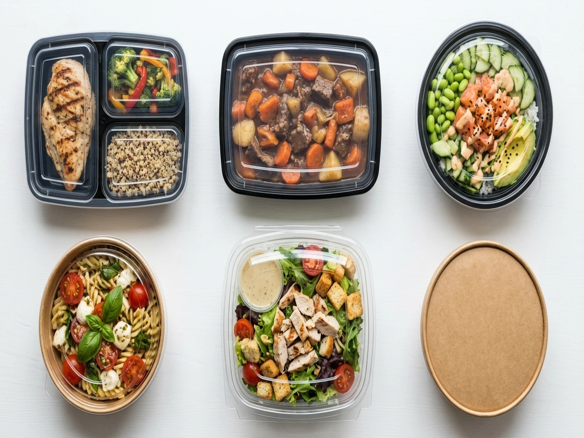 Top-down comparison of different meal prep container formats for restaurant menus