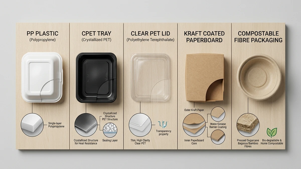 Material comparison for PP, CPET, PET, coated paperboard, and compostable meal prep packaging