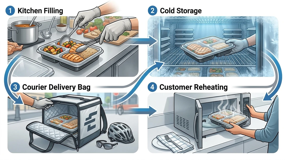 Meal prep container shown through kitchen filling, storage, delivery, and reheating stages