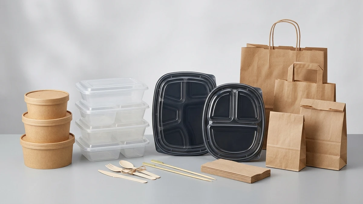 Meal prep containers, lids, bowls, and bags arranged for restaurant takeaway packaging