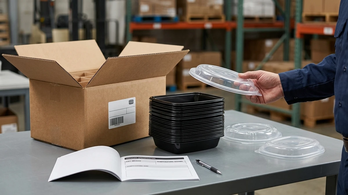 Sourcing review scene with nested PP meal trays, shipping carton, specification sheet, and lid comparison on a warehouse tabletop.
