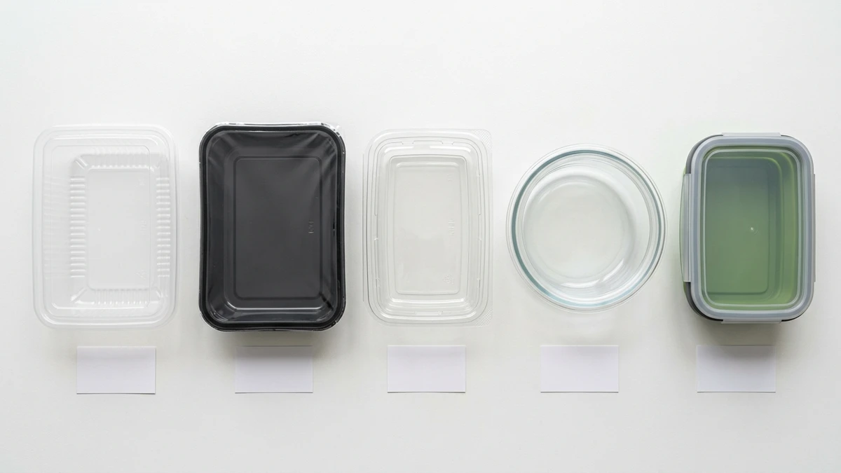 Five microwave safe container types compared flat-lay: PP tray, CPET tray, APET deli pot, glass bowl, and silicone container.