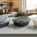Three microwave safe containers for hot meals showing PP tray, CPET tray, and insulated soup bowl with lids.