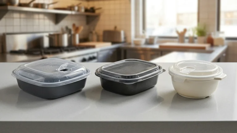 Three microwave safe containers for hot meals showing PP tray, CPET tray, and insulated soup bowl with lids.