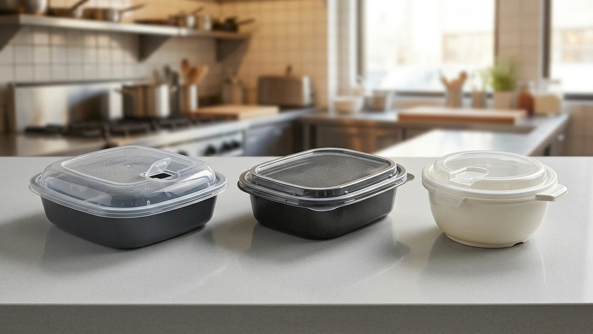 Three microwave safe containers for hot meals showing PP tray, CPET tray, and insulated soup bowl with lids.