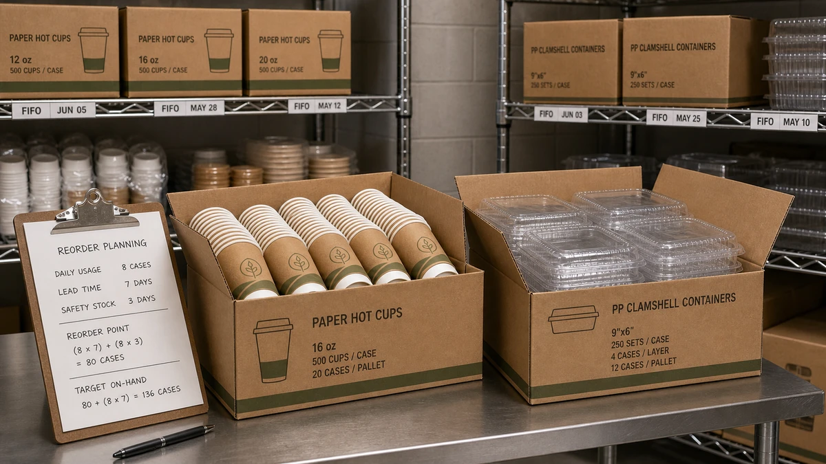 Back-of-house storage scene showing nested cup case packs and clamshell cartons with clipboard reorder notes for packaging MOQ planning.