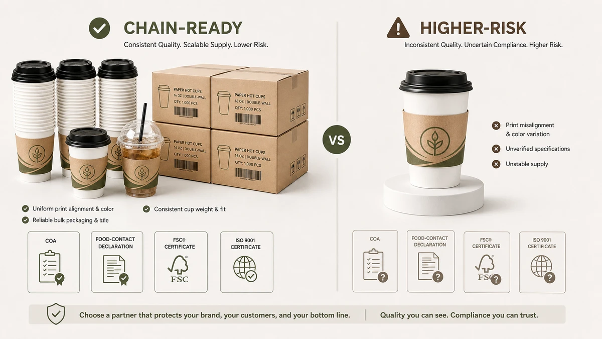Side-by-side comparison board of chain-ready versus higher-risk packaging supplier sample sets