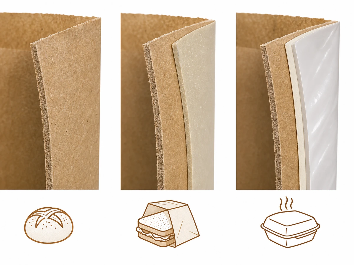 Cross-section cutaway comparing uncoated kraft, grease-resistant, and PE-lined paper bag wall layers.