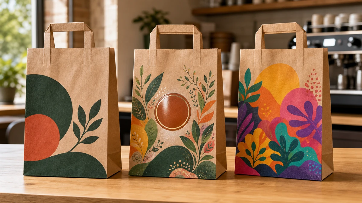 Three custom kraft takeaway bags side by side comparing flexographic, offset lithographic, and digital logo print quality.