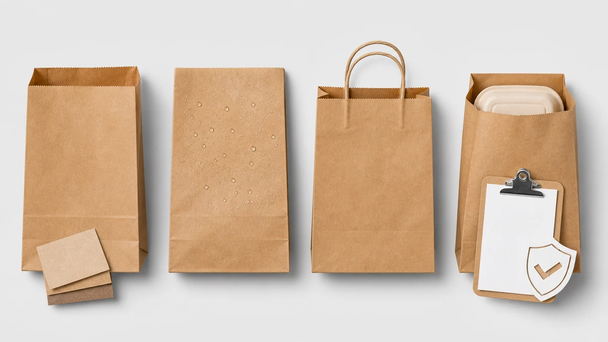 Four kraft paper bags side by side illustrating gsm, barrier, handle, and compliance selection variables.