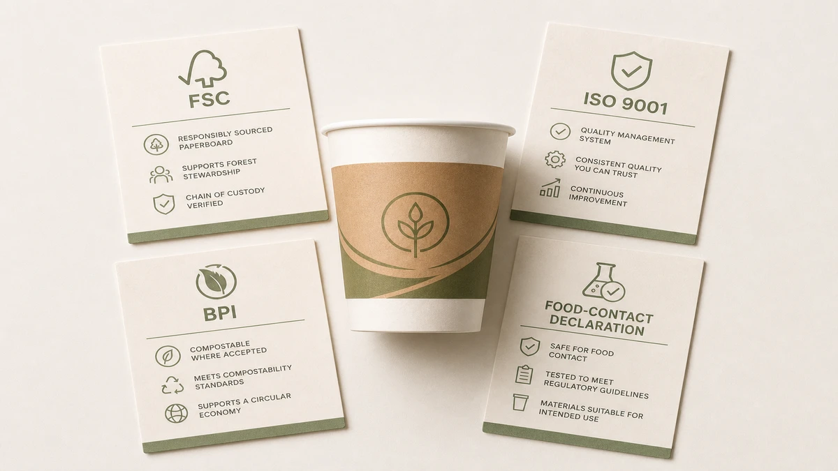 Paper cup surrounded by four certification document cards showing FSC, ISO 9001, BPI, and food-contact declaration