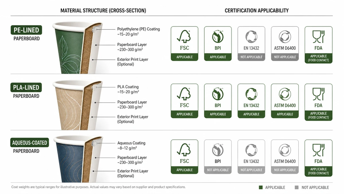 Cross-section cutaway of PE, PLA, and aqueous paper cup coatings with certification badges for FSC, BPI, and food contact.