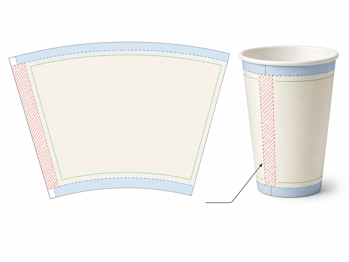Annotated paper cup dieline showing seam overlap, bleed area, and safe zone for logo placement.
