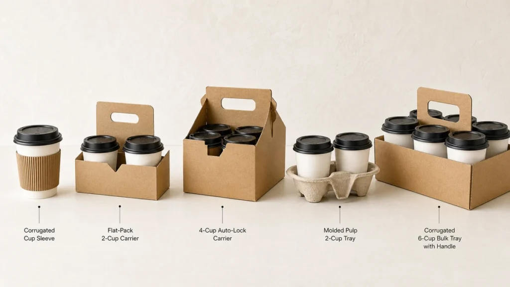 Five paper cup holder and drink carrier formats shown side by side on white surface.