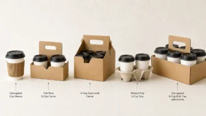 Five paper cup holder and drink carrier formats shown side by side on white surface.