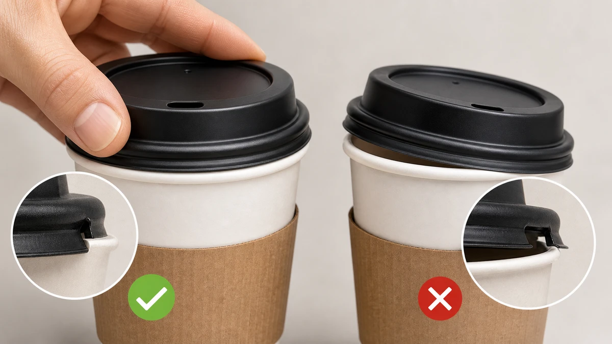 Correct and incorrect lid seating on paper cups showing rim fit compatibility for wholesale buyers.