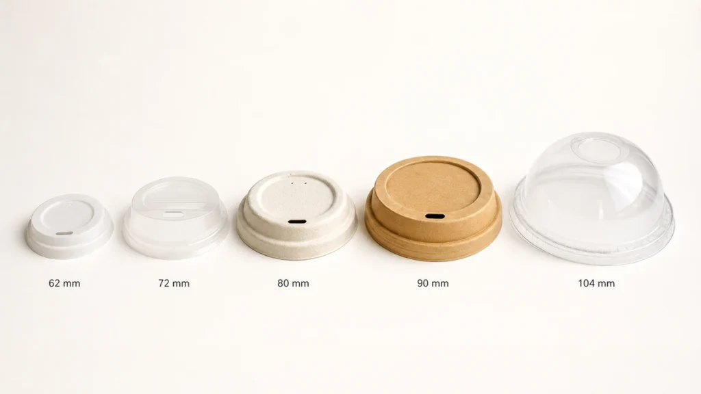 Five paper cup lids arranged by rim diameter from 62 mm to 104 mm on white background