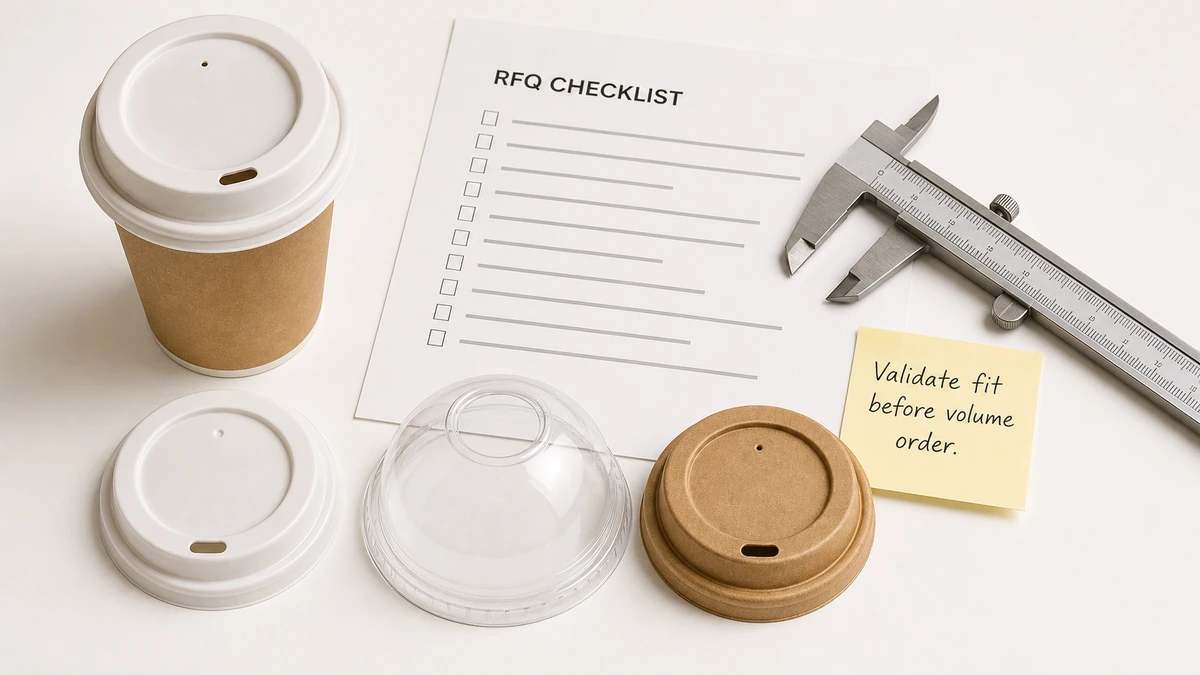 Flat-lay of paper cup with lid, sample lids, calipers, and RFQ checklist for sourcing validation