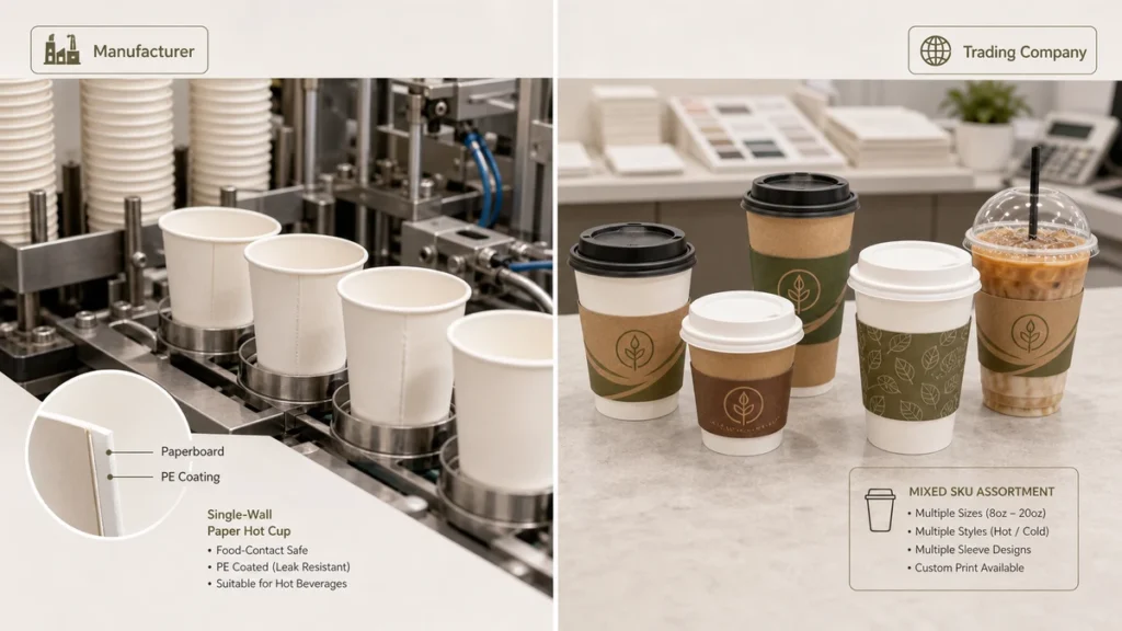 Split illustration comparing a paper cup manufacturer production line with a trading company multi-SKU assortment