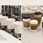 Split illustration comparing a paper cup manufacturer production line with a trading company multi-SKU assortment