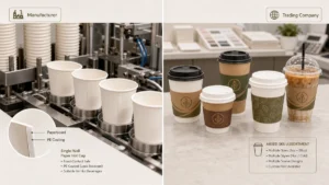 Split illustration comparing a paper cup manufacturer production line with a trading company multi-SKU assortment