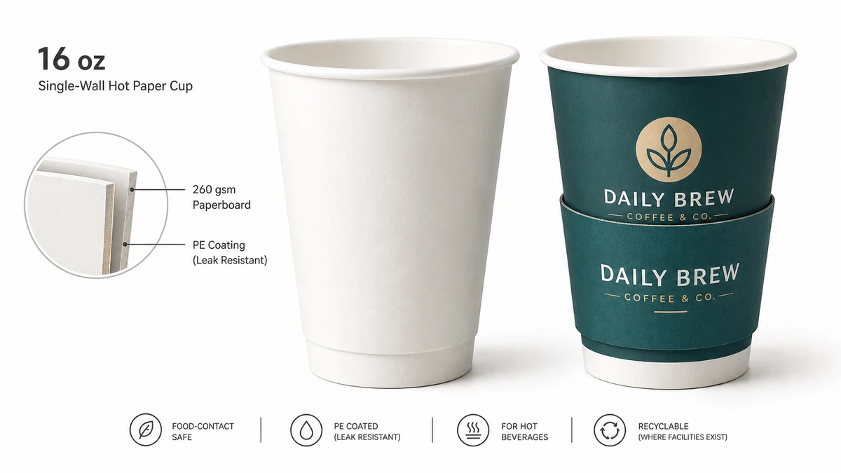 Two 16 oz paper cups side by side showing plain unprinted board versus custom branded printed version