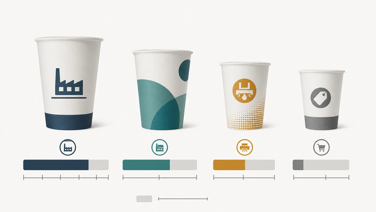 Infographic comparing custom paper cup MOQ ranges across four supplier tiers side by side.