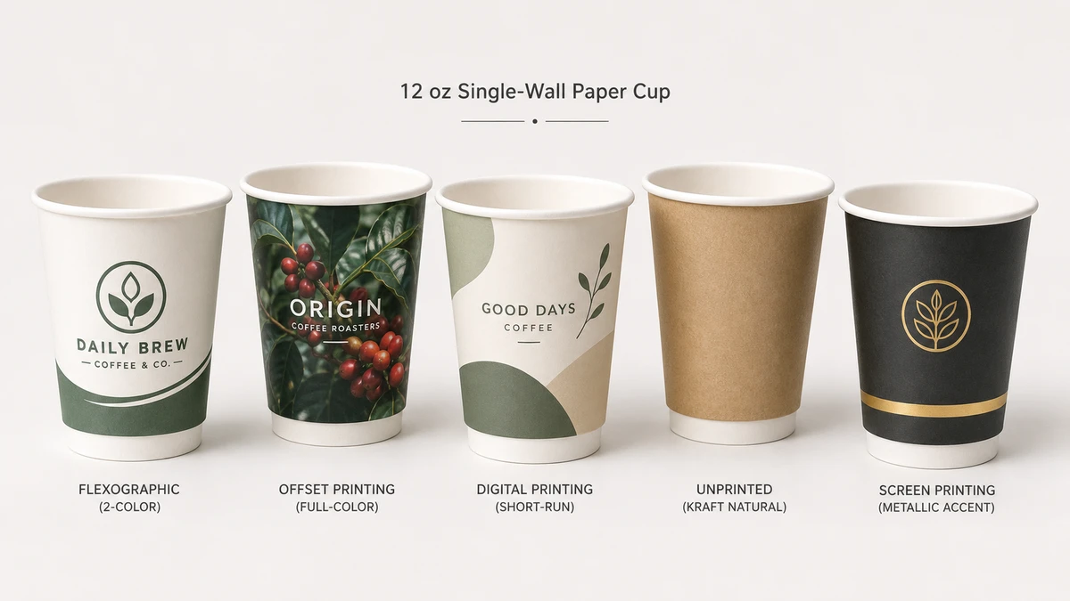 Five branded paper cups in an arc showing flexographic, offset, digital, kraft, and screen print finish options