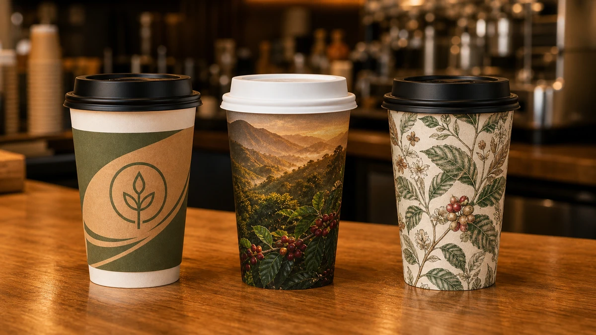 Three printed paper cups on a café counter comparing flexographic, digital, and offset print quality
