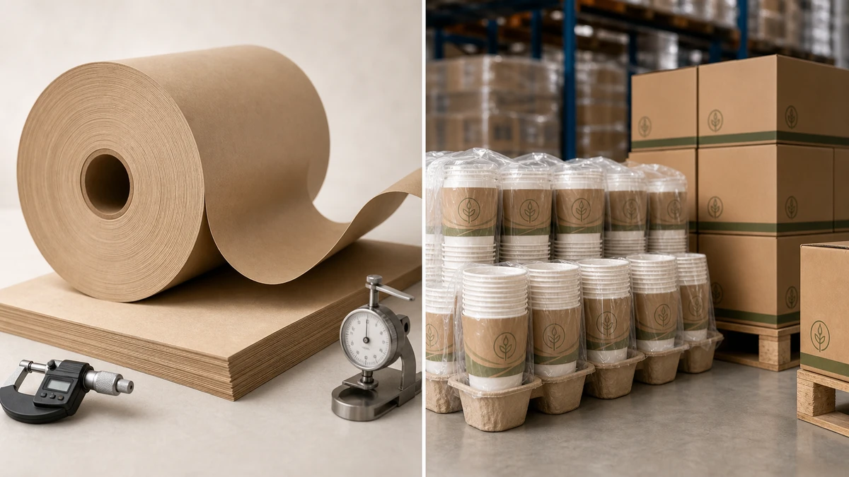 Paperboard roll beside stacked paper cup sleeves and export carton on a warehouse pallet