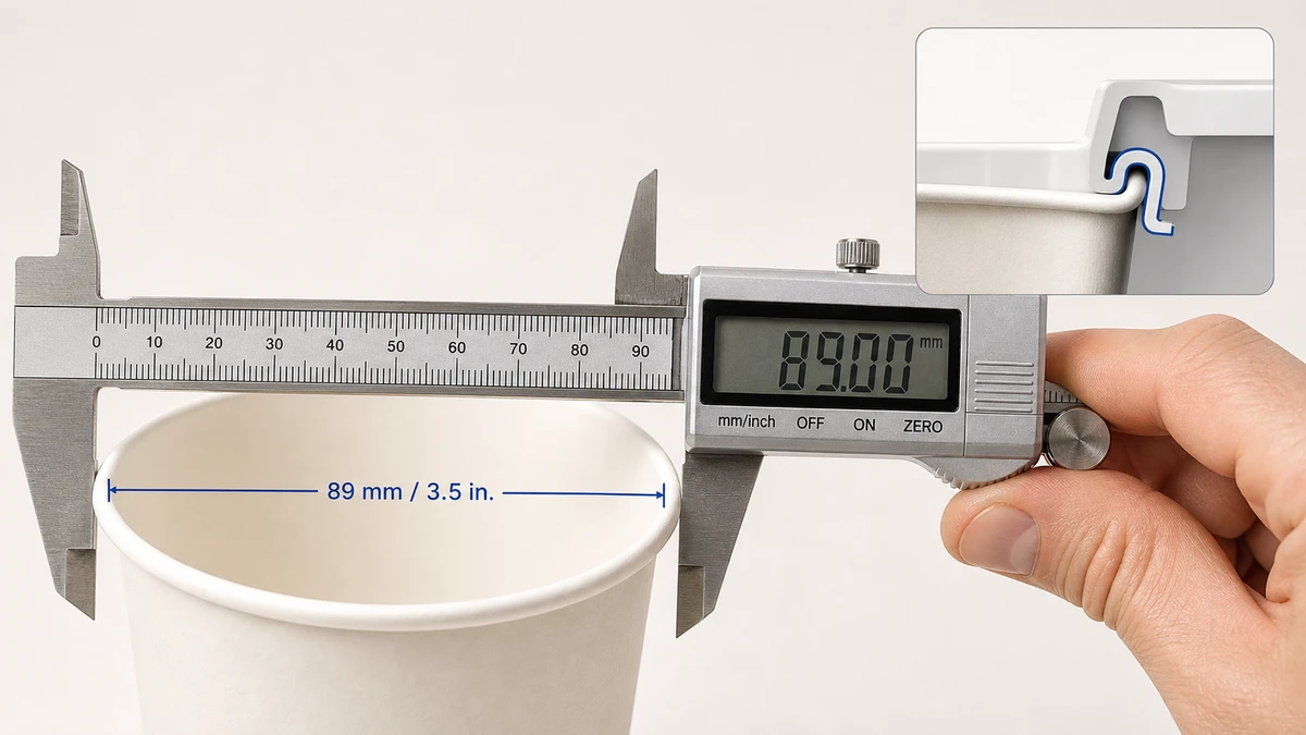 Hand using calipers to measure the outer rolled rim diameter of a white paper cup