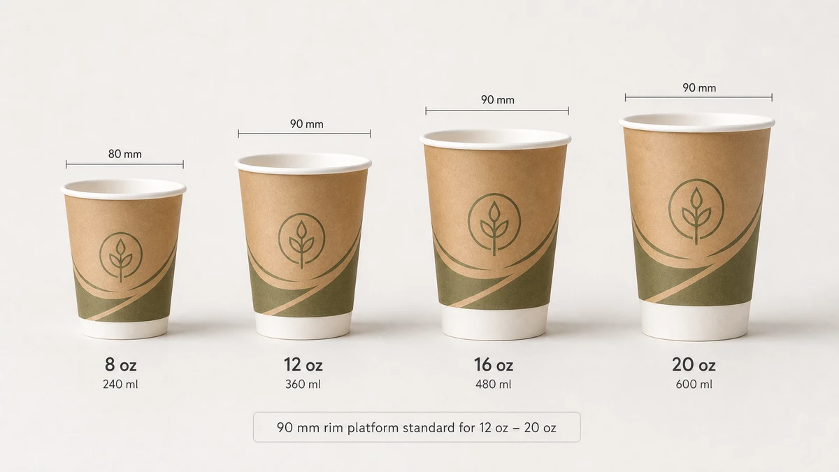 Four hot paper cups from 8 oz to 20 oz showing shared 90 mm rim diameter measurement across sizes.
