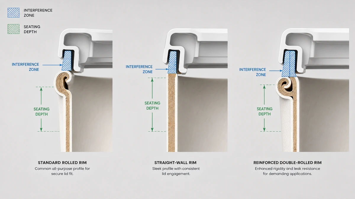 Cross-section cutaway showing three paper cup rim profiles engaging matching lid channels