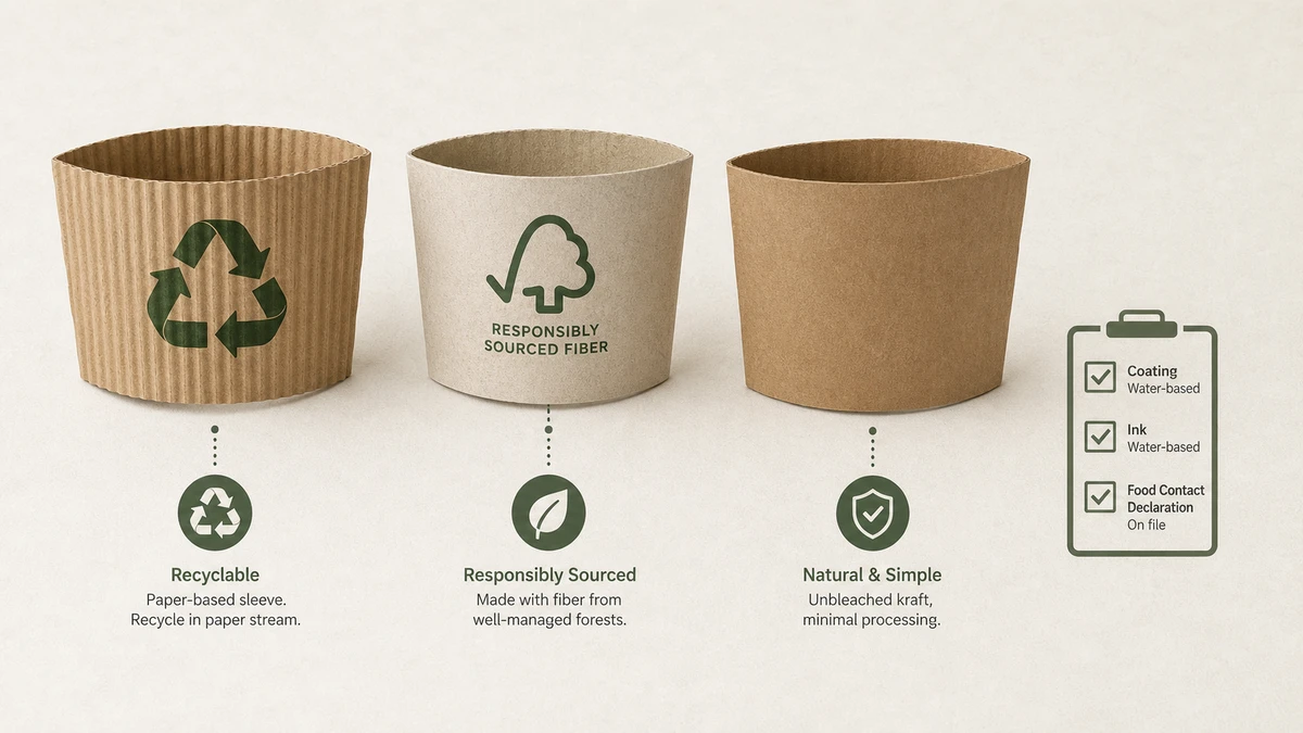 Three paper cup sleeves displayed with recycling, fiber-sourcing, and food-contact compliance callout labels