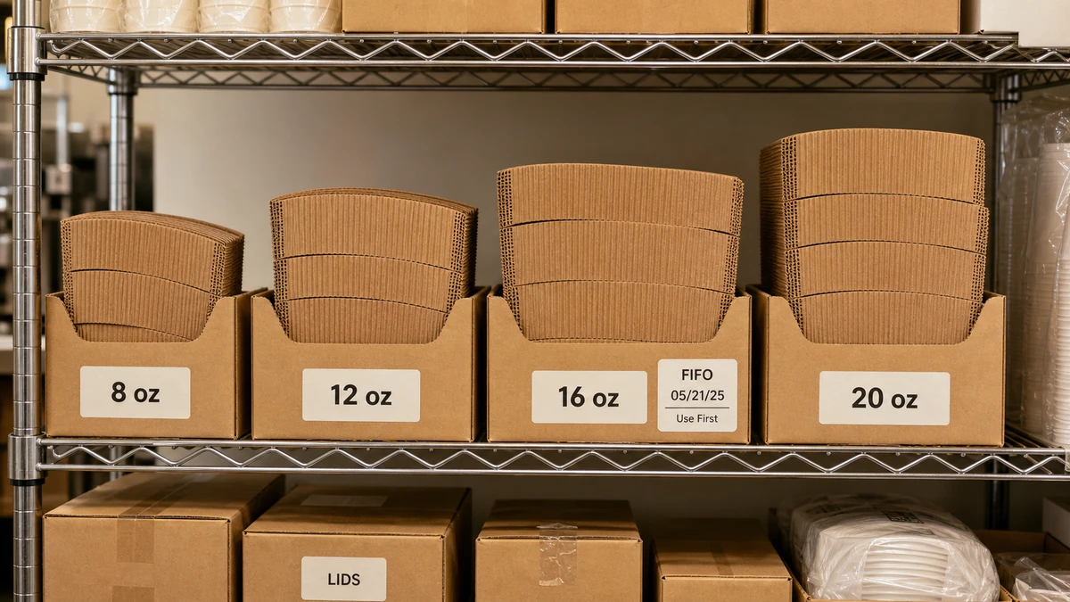 Back-of-house storage shelf with paper cup sleeves separated by size with FIFO date rotation labels