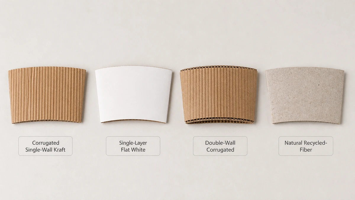 Four paper cup sleeve types laid flat comparing corrugated, single-layer, double-wall, and recycled-fiber constructions