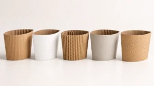 Five paper cup sleeve types arranged side by side showing corrugated, flat, and embossed constructions