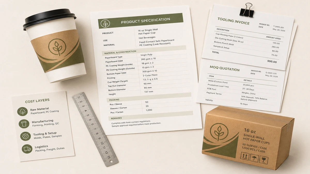 Flat-lay of paper cup samples, spec sheets, and cost documents representing hidden sourcing cost layers