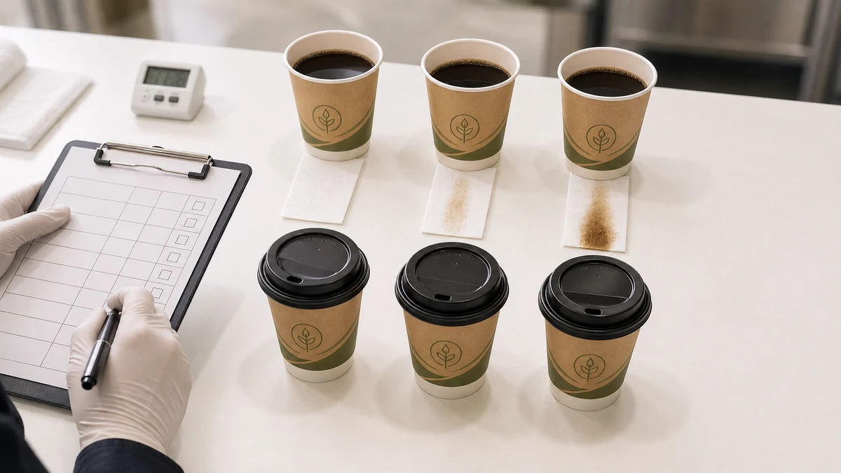 Six paper cups on a white evaluation table being tested for seam leakage and lid-fit during supplier audit