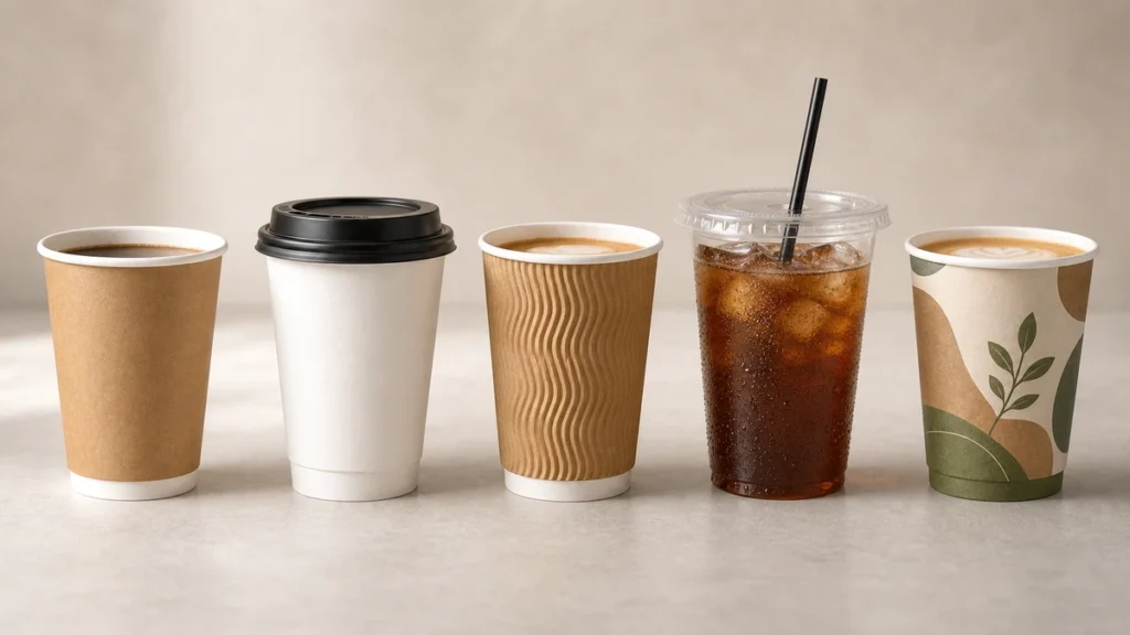 Five paper cup types arranged in a row for a supplier buyer guide comparison