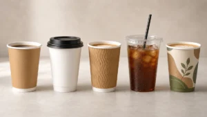 Five paper cup types arranged in a row for a supplier buyer guide comparison