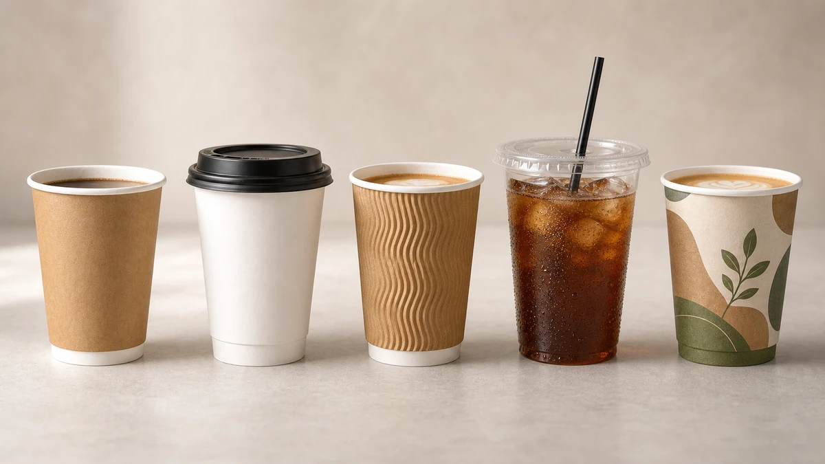 Five paper cup types arranged in a row for a supplier buyer guide comparison