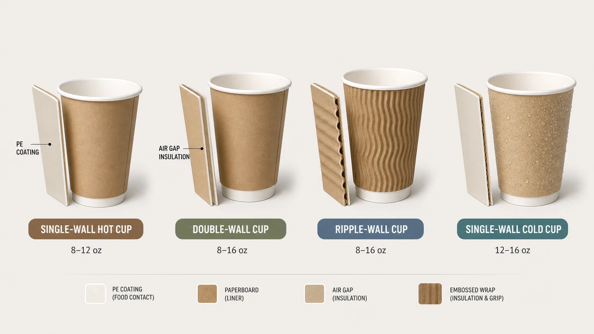 Four paper cup wall constructions shown side by side—single-wall, double-wall, ripple-wall, and cold cup formats.