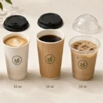 Five paper cup types paired with matching lids on a white tabletop for a wholesale buyer guide.