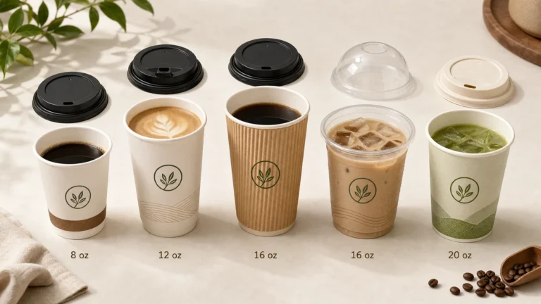 Five paper cup types paired with matching lids on a white tabletop for a wholesale buyer guide.