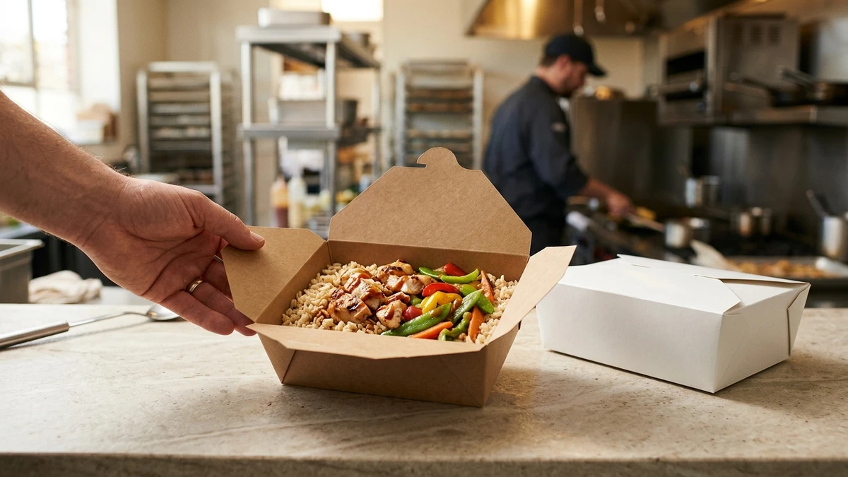 Open kraft paper food box with hot rice meal beside a closed white SBS box on a kitchen counter.