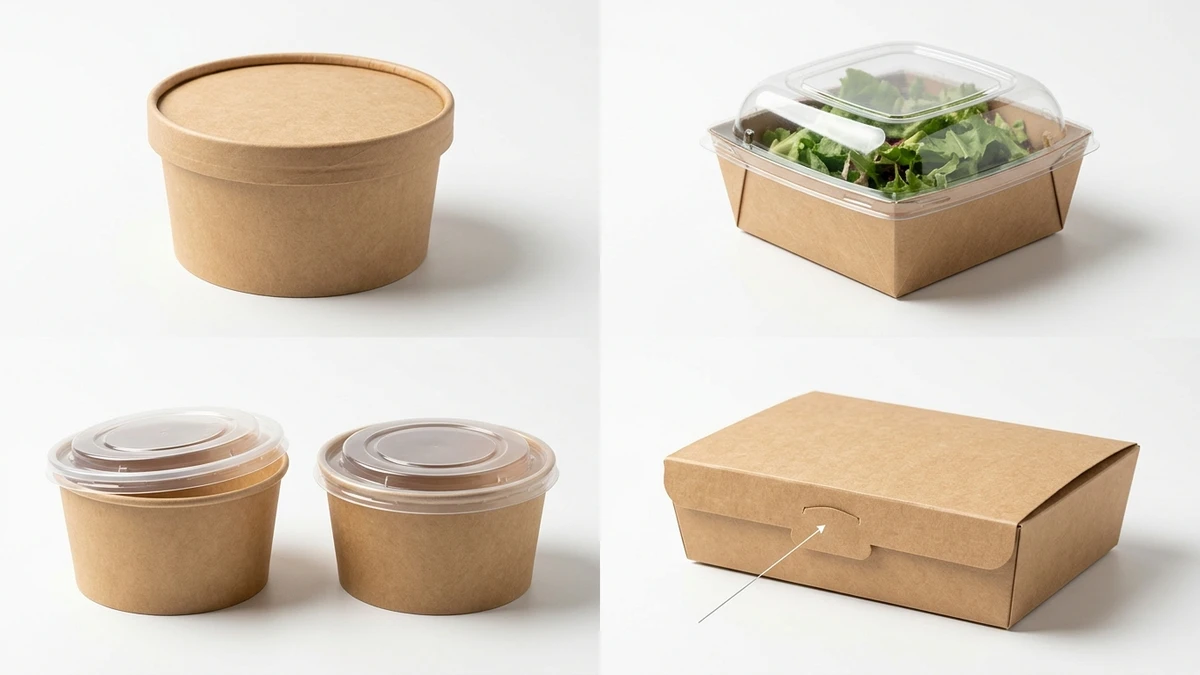 Four paper food box lid types compared — flat, dome, snap-fit, and lock-tab — on a white board layout.